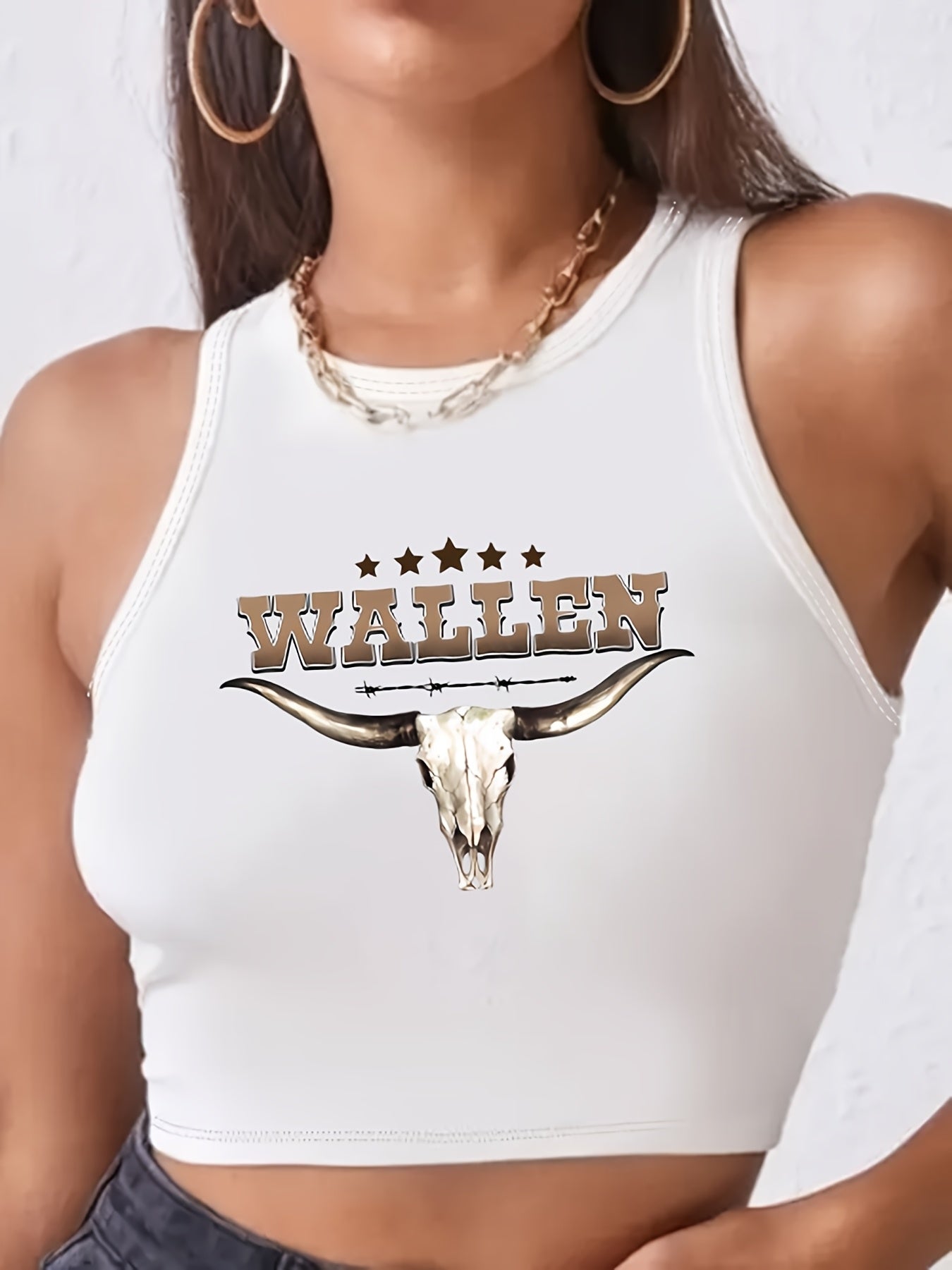 Women'S Casual Crew Neck Crop Tank Top with Graphic Print, Short Length Knit Fabric, Polyester 95% Elastane 5%, Summer & Spring Sleeveless Casual Top